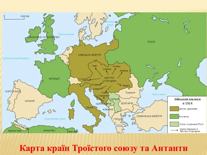 Карта країн Троїстого союзу та Антанти