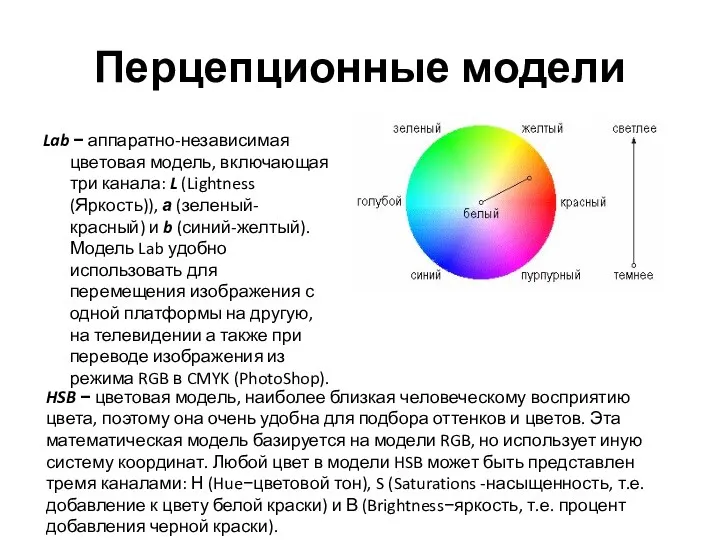 Перцепционные модели Lab − аппаратно-независимая цветовая модель, включающая три канала: