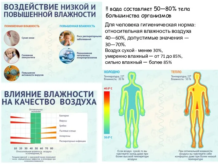 !! вода составляет 50—80% тела большинства организмов Для человека гигиеническая