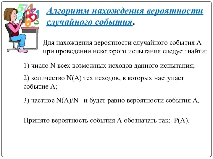 3) частное N(A)/N и будет равно вероятности события А. Алгоритм