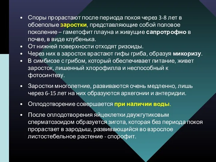 Споры прорастают после периода покоя через 3-8 лет в обоеполые