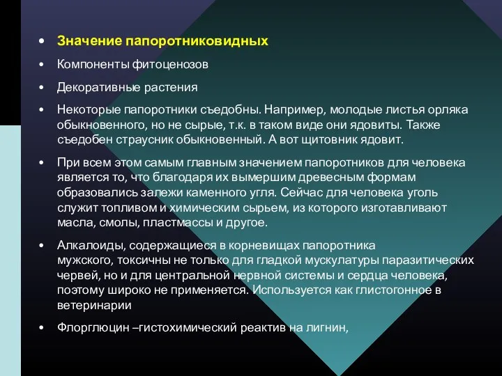 Значение папоротниковидных Компоненты фитоценозов Декоративные растения Некоторые папоротники съедобны. Например,