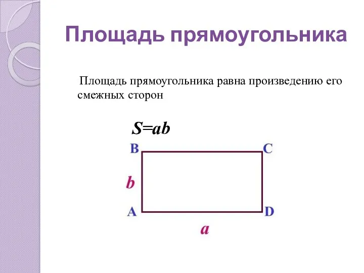 Площадь прямоугольника Площадь прямоугольника равна произведению его смежных сторон S=ab