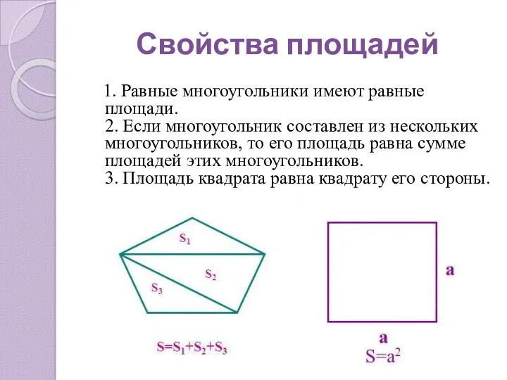 1. Равные многоугольники имеют равные площади. 2. Если многоугольник составлен