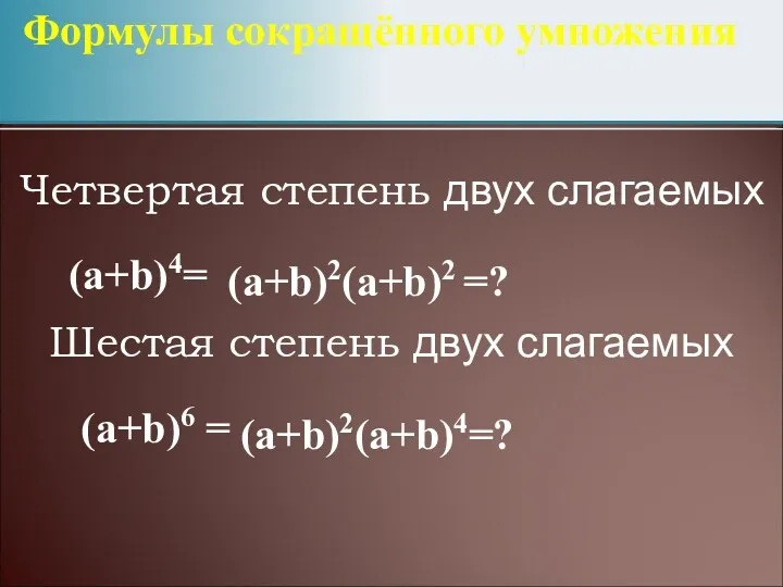 Формулы сокращённого умножения (a+b)6 = Четвертая степень двух слагаемых (a+b)4=