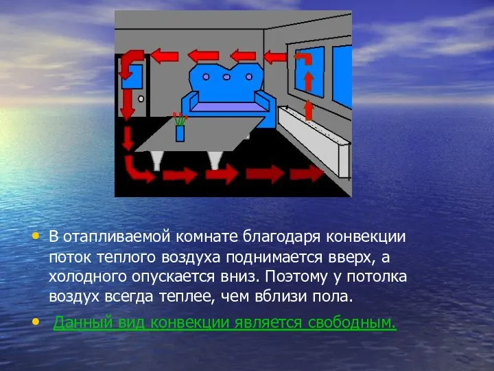 В отапливаемой комнате благодаря конвекции поток теплого воздуха поднимается вверх,