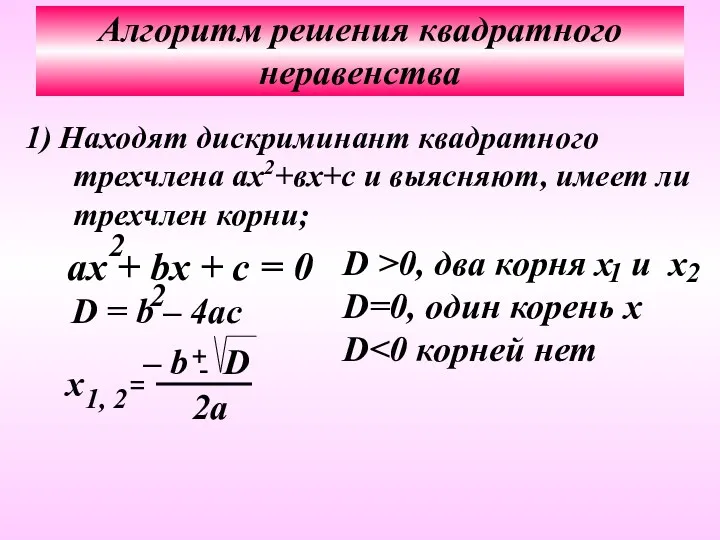 Алгоритм решения квадратного неравенства 1) Находят дискриминант квадратного трехчлена ах2+вх+с и выясняют, имеет ли трехчлен корни;