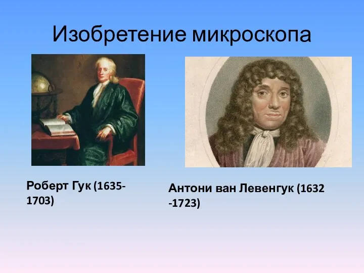 Изобретение микроскопа Роберт Гук (1635- 1703) Антони ван Левенгук (1632 -1723)