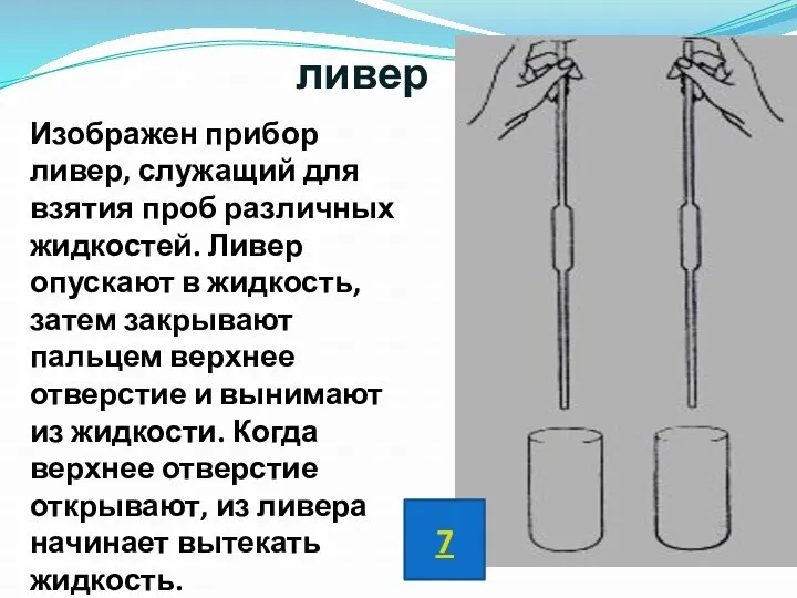 Изображен прибор ливер, служащий для взятия проб различных жидкостей. Ливер