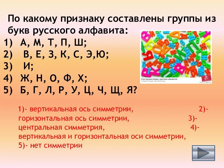 По какому признаку составлены группы из букв русского алфавита: А,