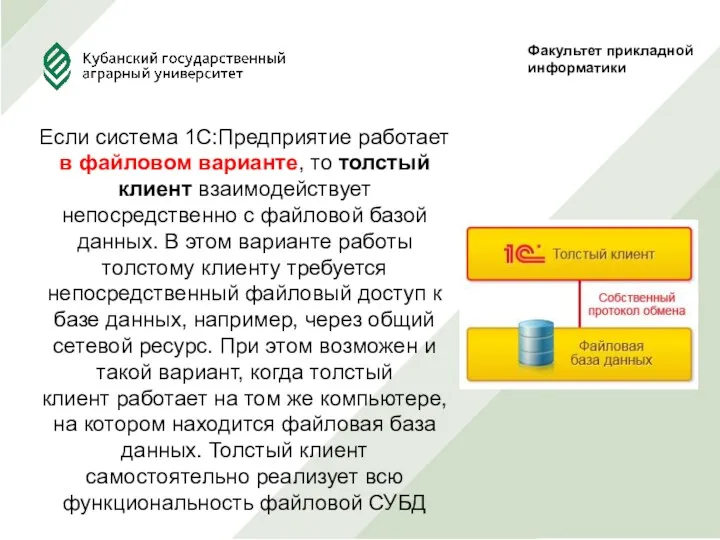 Факультет прикладной информатики Если система 1С:Предприятие работает в файловом варианте,