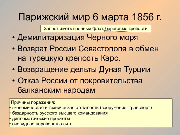 Парижский мир 6 марта 1856 г. Демилитаризация Черного моря Возврат