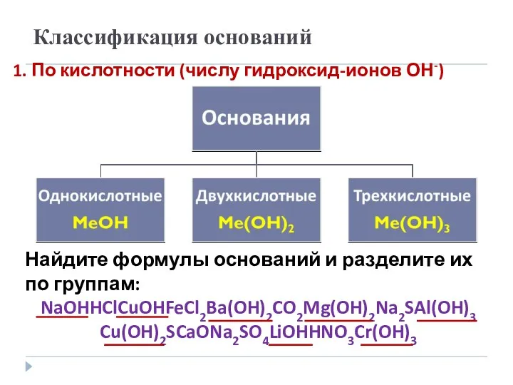 Классификация оснований 1. По кислотности (числу гидроксид-ионов ОН-) Найдите формулы