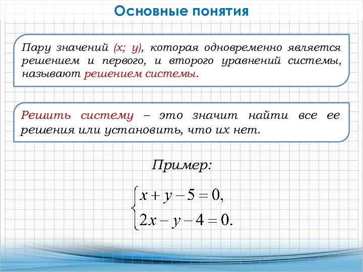 Пару значений (х; у), которая одновременно является решением и первого,