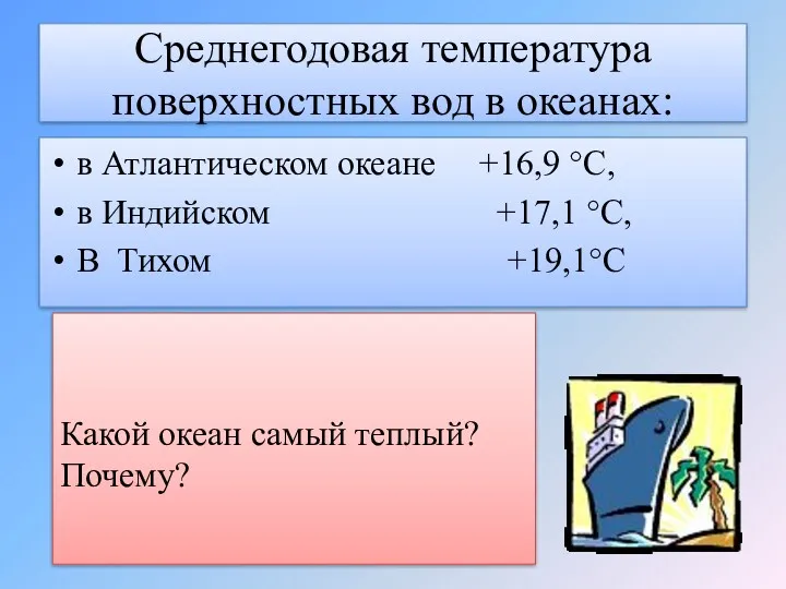 Среднегодовая температура поверхностных вод в океанах: в Атлантическом океане +16,9
