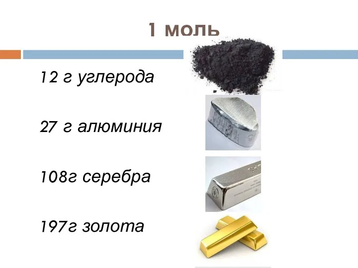 1 моль 12 г углерода 27 г алюминия 108г серебра 197г золота