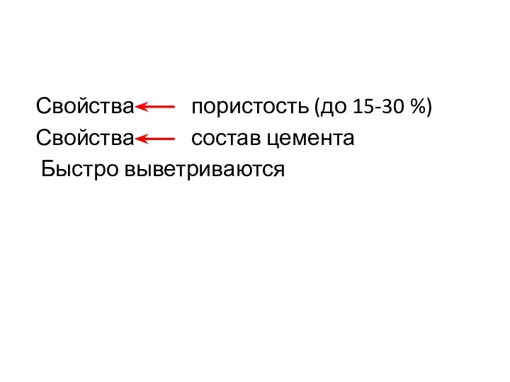 Свойства пористость (до 15-30 %) Свойства состав цемента Быстро выветриваются