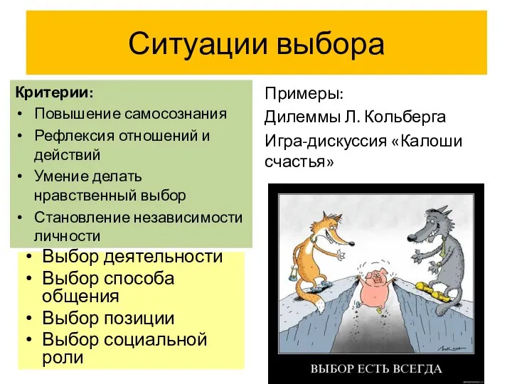 Ситуации выбора Виды: Выбор деятельности Выбор способа общения Выбор позиции