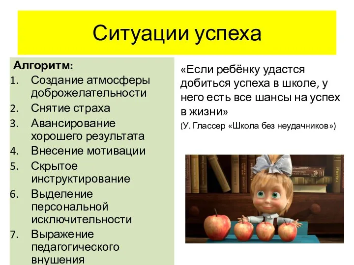 Ситуации успеха Алгоритм: Создание атмосферы доброжелательности Снятие страха Авансирование хорошего