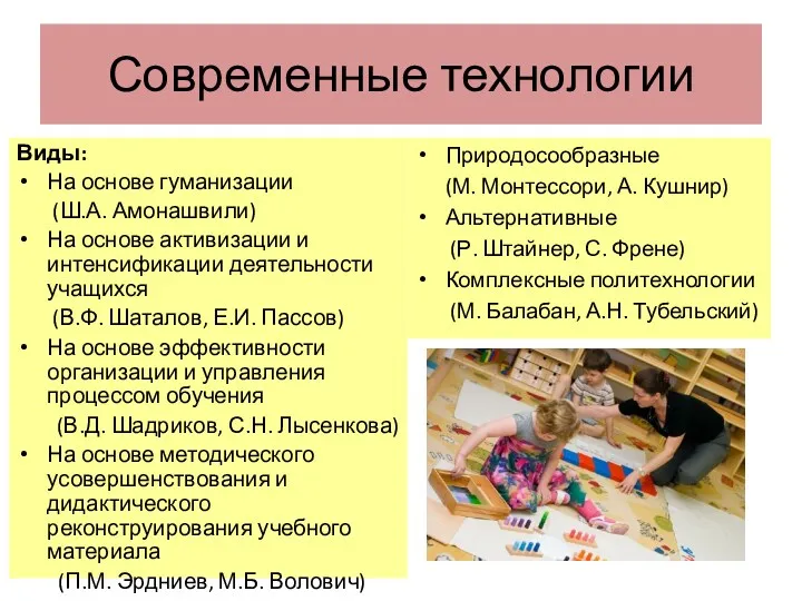 Современные технологии Виды: На основе гуманизации (Ш.А. Амонашвили) На основе