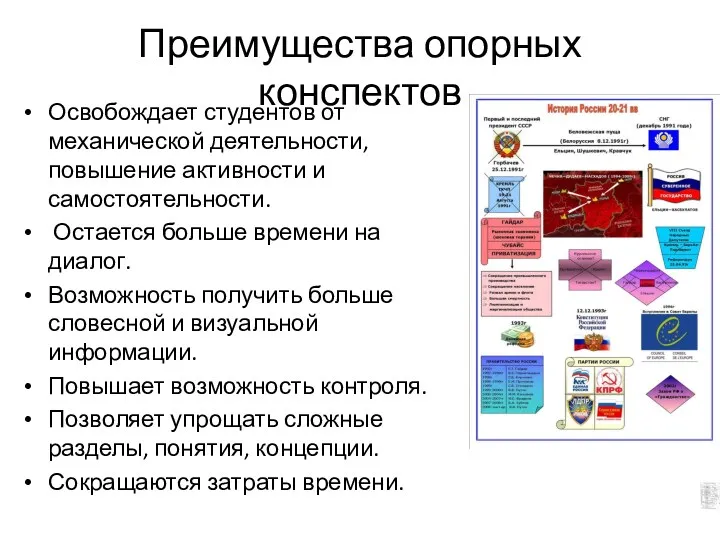 Преимущества опорных конспектов Освобождает студентов от механической деятельности, повышение активности