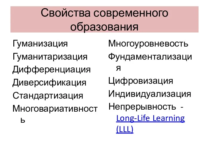 Свойства современного образования Гуманизация Гуманитаризация Дифференциация Диверсификация Стандартизация Многовариативность Многоуровневость