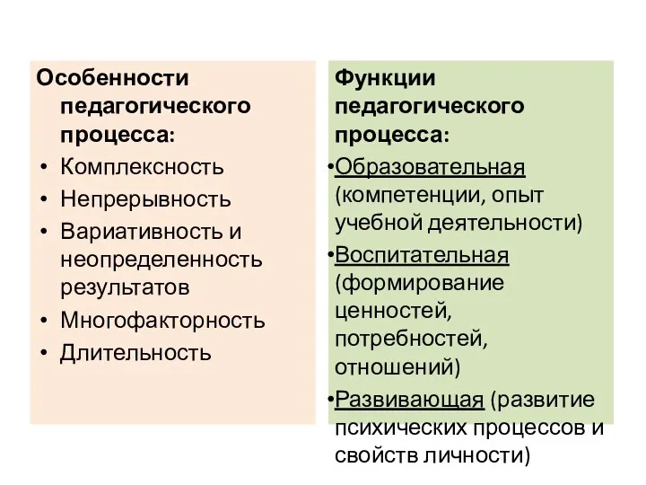 Особенности педагогического процесса: Комплексность Непрерывность Вариативность и неопределенность результатов Многофакторность