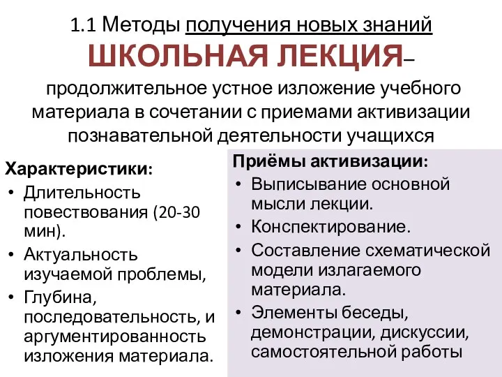 1.1 Методы получения новых знаний ШКОЛЬНАЯ ЛЕКЦИЯ– продолжительное устное изложение