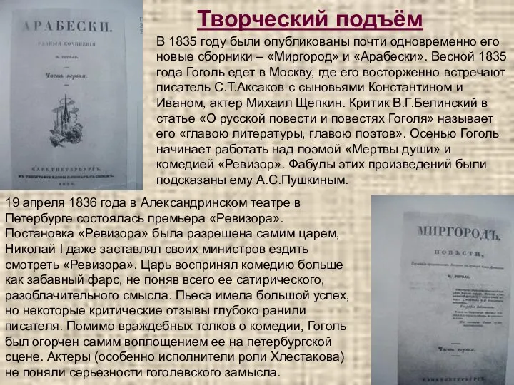 Творческий подъём В 1835 году были опубликованы почти одновременно его