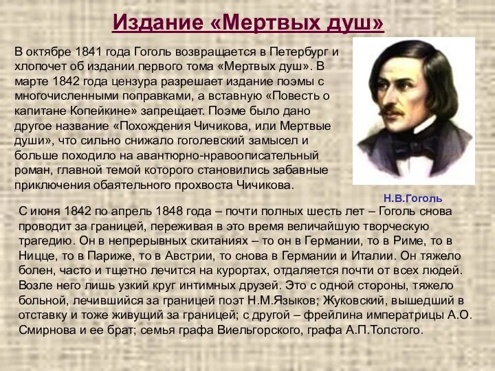 Издание «Мертвых душ» Н.В.Гоголь В октябре 1841 года Гоголь возвращается