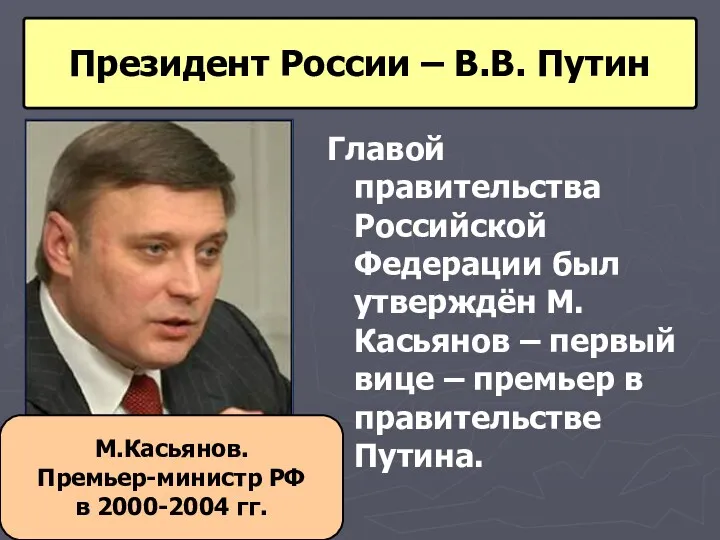Президент России – В.В. Путин Главой правительства Российской Федерации был утверждён М. Касьянов