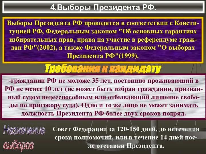 4.Выборы Президента РФ. Выборы Президента РФ проводятся в соответствии с