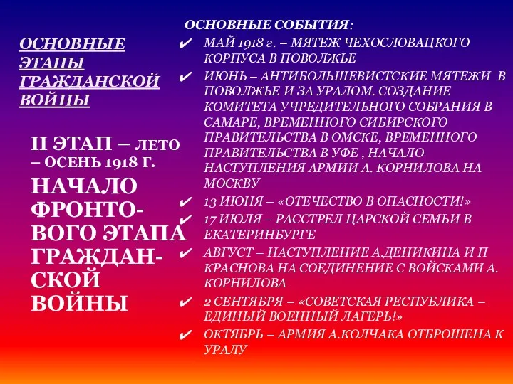 ОСНОВНЫЕ ЭТАПЫ ГРАЖДАНСКОЙ ВОЙНЫ ОСНОВНЫЕ СОБЫТИЯ: МАЙ 1918 г. – МЯТЕЖ ЧЕХОСЛОВАЦКОГО КОРПУСА