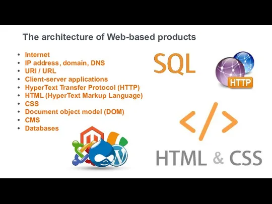 The architecture of Web-based products Internet IP address, domain, DNS