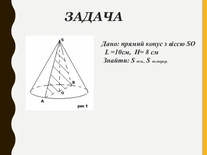 ЗАДАЧА Дано: прямий конус з віссю SO L =10см, H=