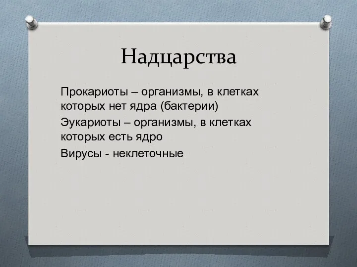 Надцарства Прокариоты – организмы, в клетках которых нет ядра (бактерии)