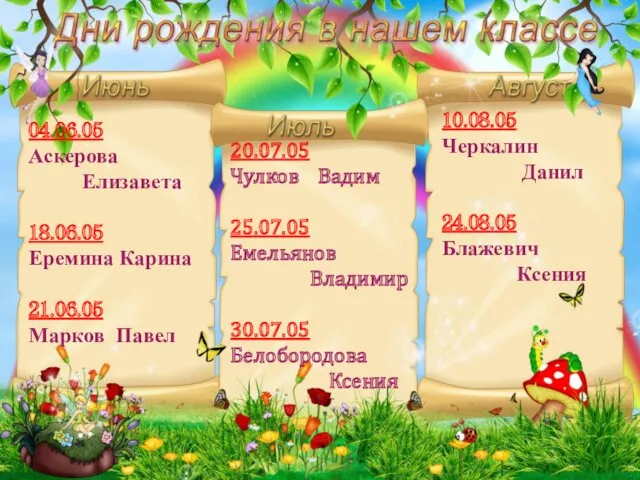 04.06.05 Аскерова Елизавета 18.06.05 Еремина Карина 21.06.05 Марков Павел 20.07.05