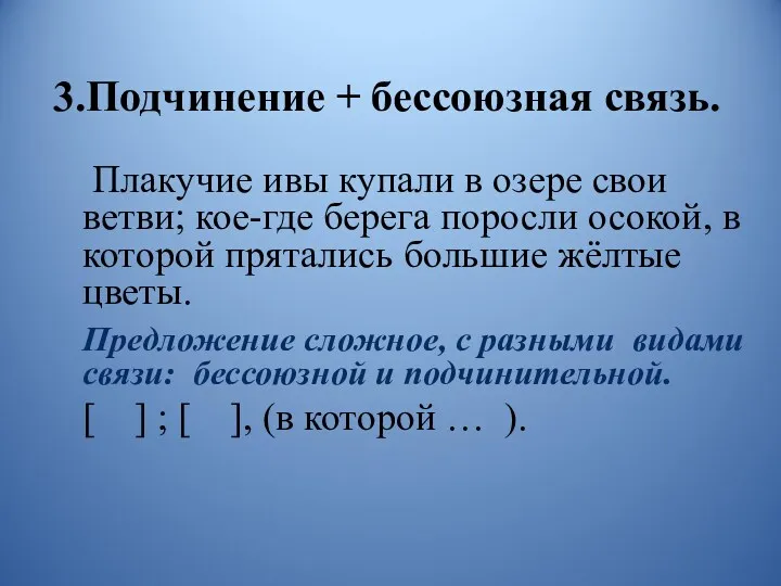 3.Подчинение + бессоюзная связь. Плакучие ивы купали в озере свои