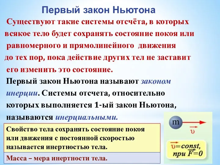 Первый закон Ньютона Существуют такие системы отсчёта, в которых всякое