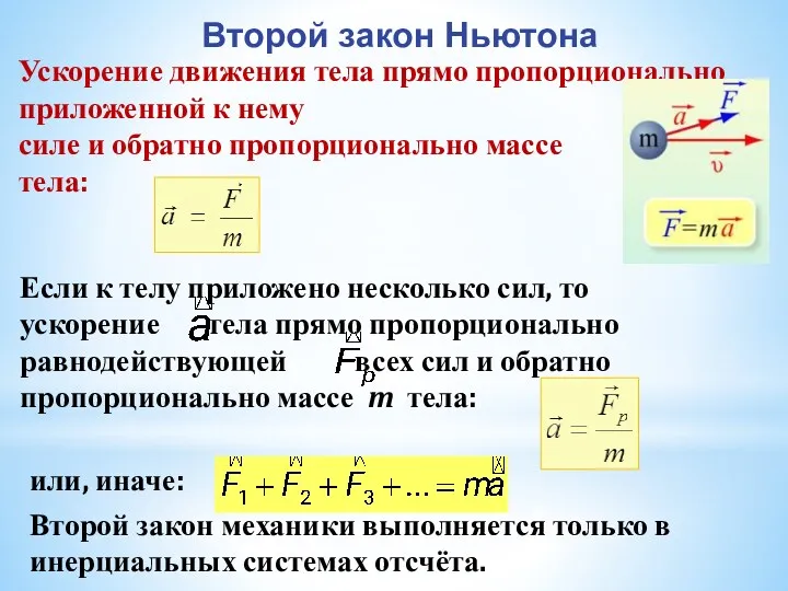 Второй закон Ньютона Ускорение движения тела прямо пропорционально приложенной к