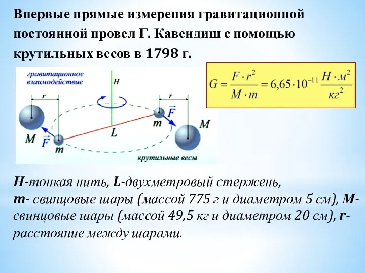 Н-тонкая нить, L-двухметровый стержень, m- свинцовые шары (массой 775 г