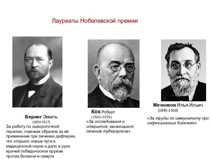 Кох Роберт (1843-1910) Мечников Илья Ильич (1845-1916) «За исследования и