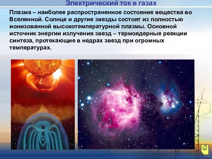 Электрический ток в газах Плазма – наиболее распространенное состояние вещества