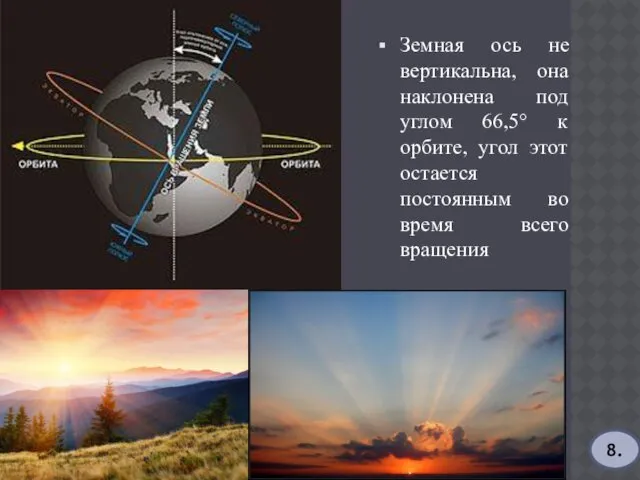 Земная ось не вертикальна, она наклонена под углом 66,5° к