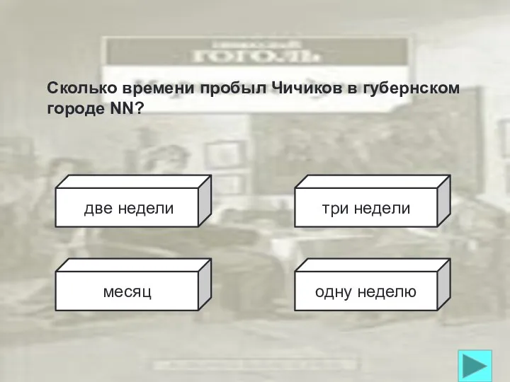 месяц одну неделю две недели три недели Сколько времени пробыл Чичиков в губернском городе NN?