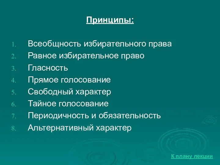 Принципы: Всеобщность избирательного права Равное избирательное право Гласность Прямое голосование