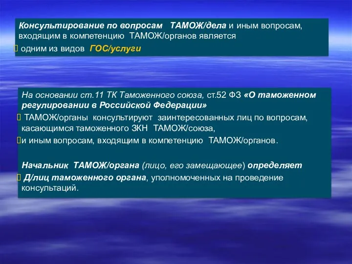 Консультирование по вопросам ТАМОЖ/дела и иным вопросам, входящим в компетенцию