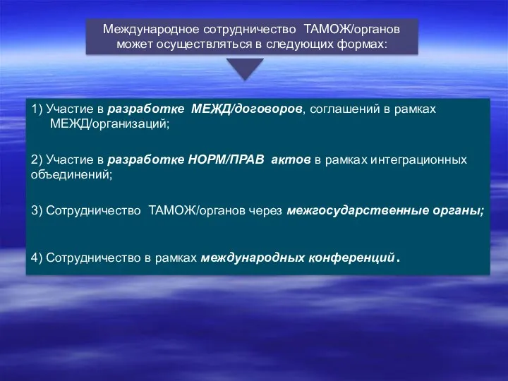 Международное сотрудничество ТАМОЖ/органов может осуществляться в следующих формах: 1) Участие