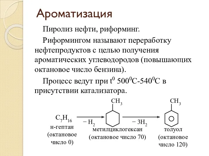 Ароматизация Пиролиз нефти, риформинг. Риформингом называют переработку нефтепродуктов с целью