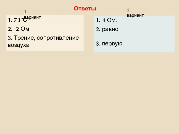 Ответы 1. 73°С 2. 2 Ом 3. Трение, сопротивление воздуха